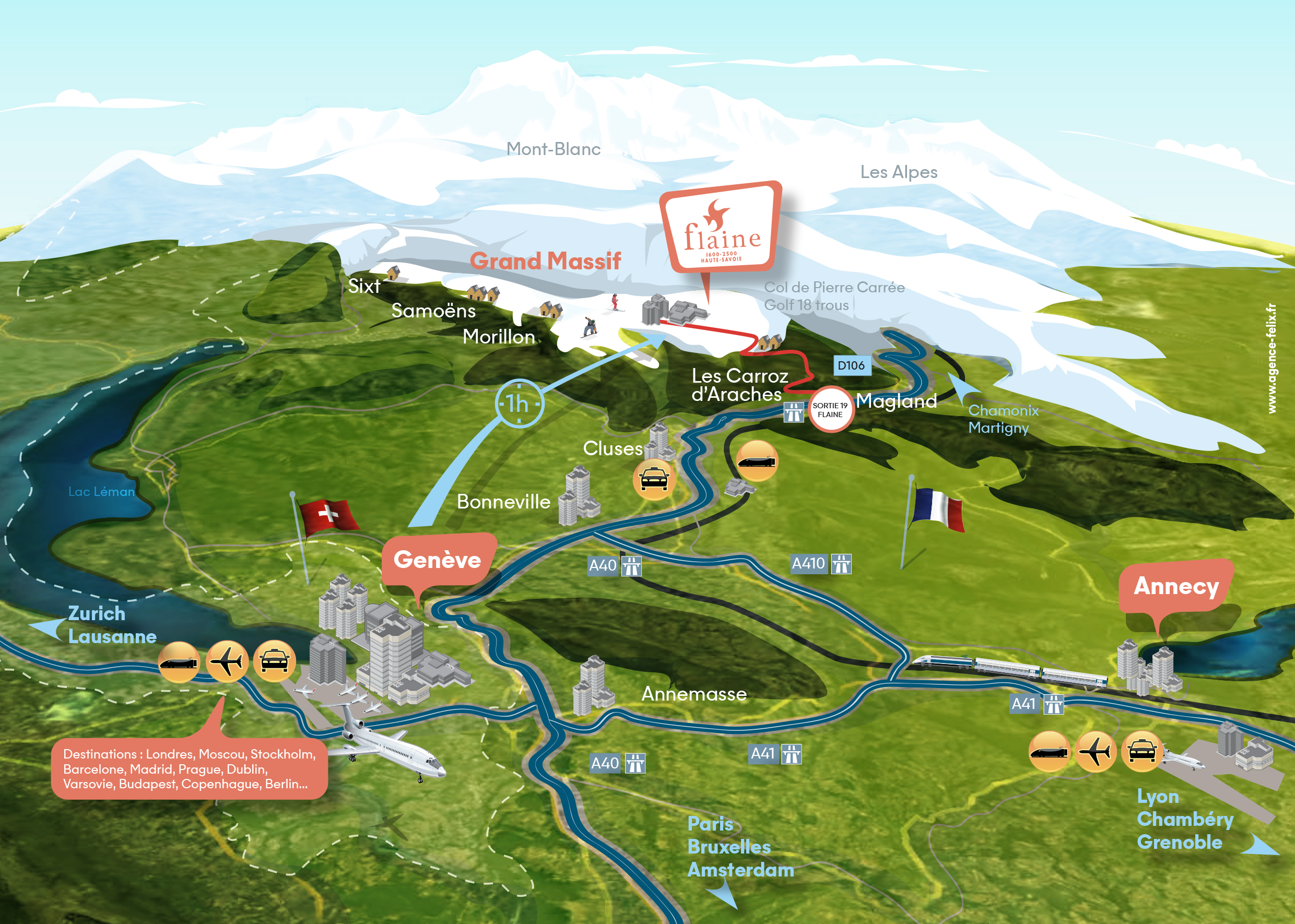 Venir à Flaine, c’est facile. Flaine est à proximité de l’aéroport de Genève et des gares TGV de Cluses, Annecy et Genève. La station est également accessible en voiture par l’A40.